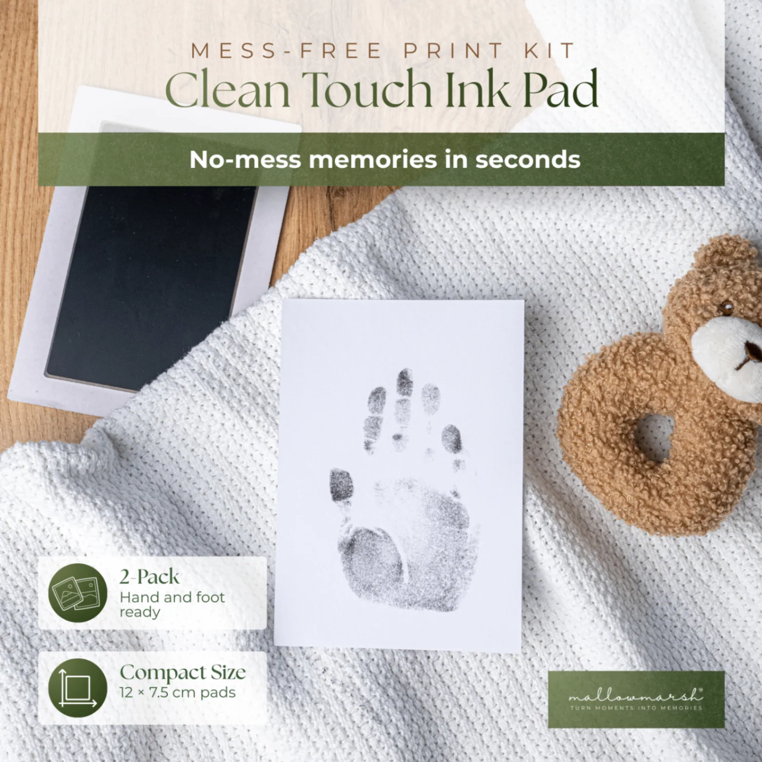 Mother and child using the MallowMarsh™ Clean Touch Ink Pad keepsake kit