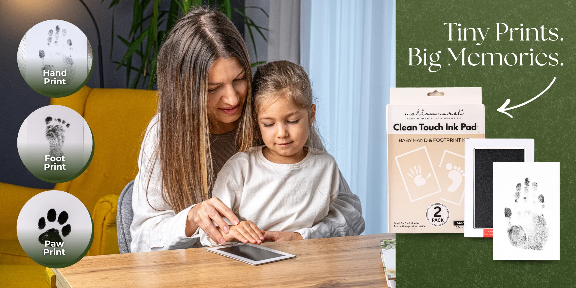 Mother and child making baby handprints with the MallowMarsh™ Clean Touch Ink Pad