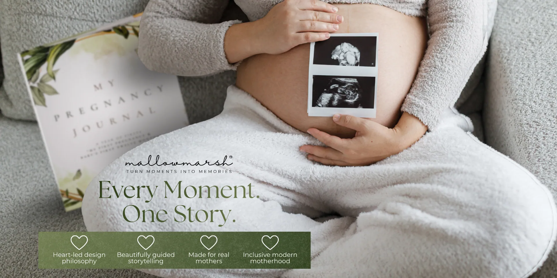 Expectant mother holding an ultrasound photo beside the MallowMarsh™ Pregnancy Journal