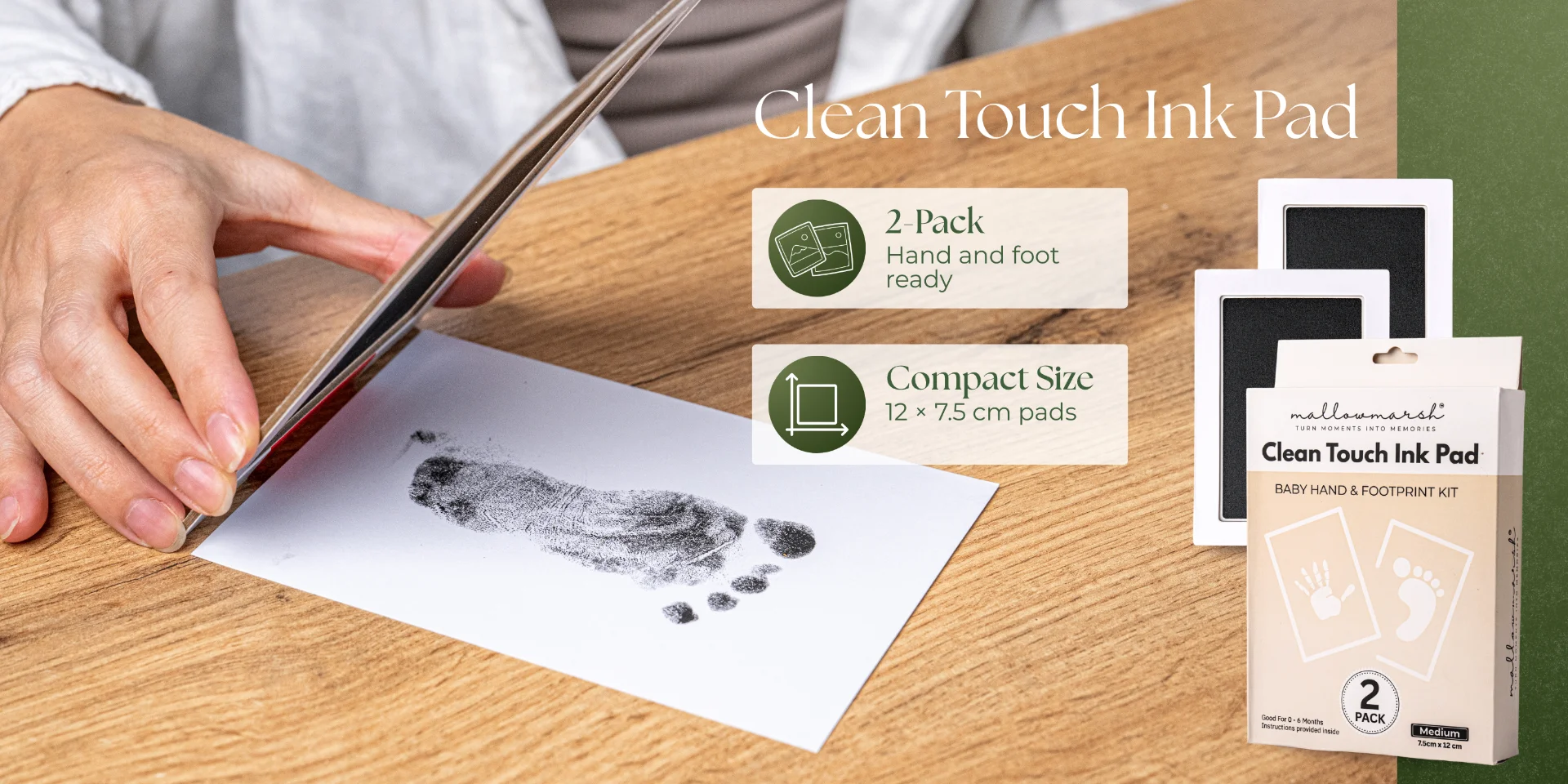 MallowMarsh™ Clean Touch Ink Pad 2-pack with footprint demo, compact 12 by 7.5 cm pads