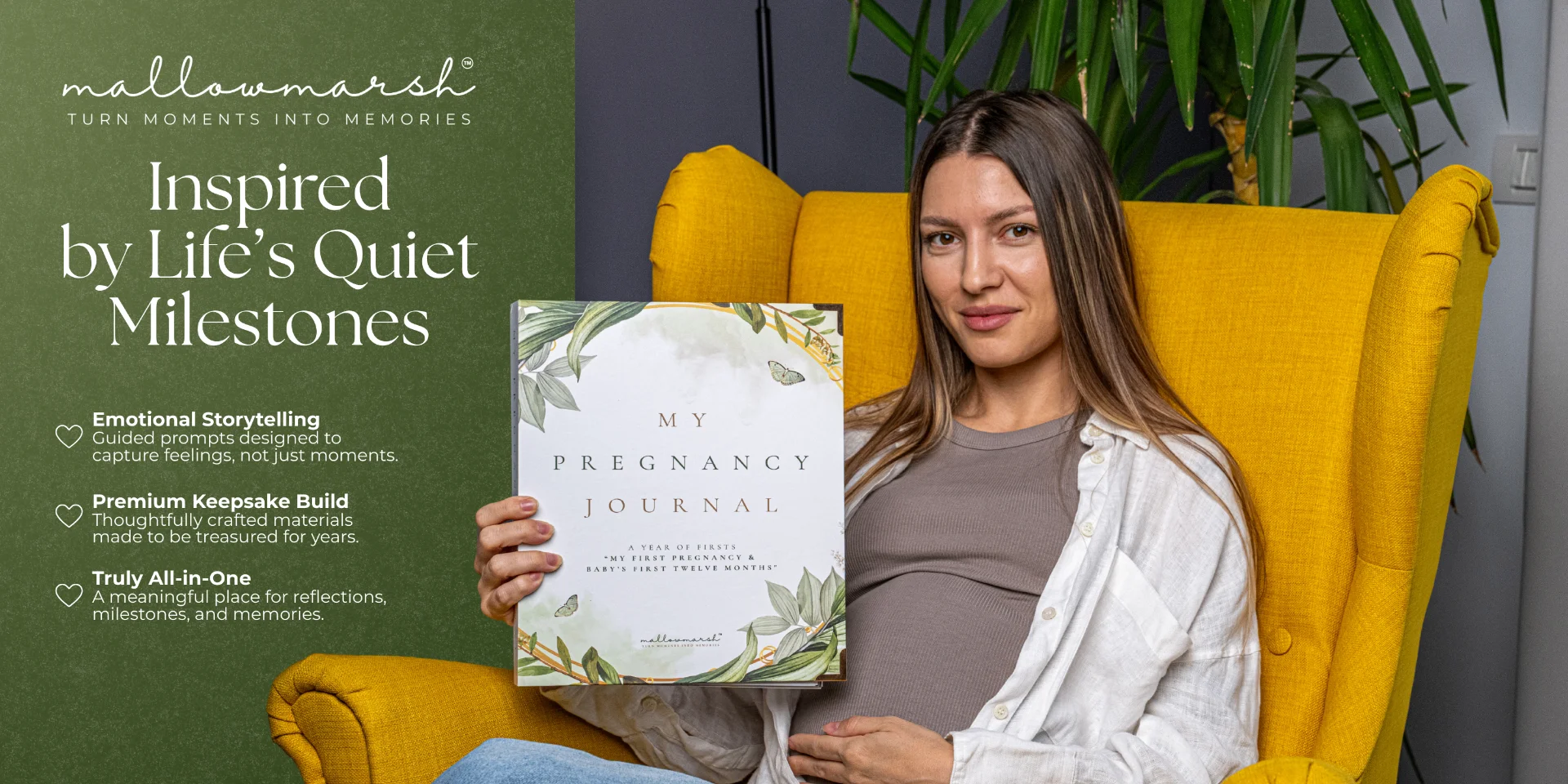 Expectant mother holding the Mallow Marsh Pregnancy Journal, a keepsake gift for first-time moms