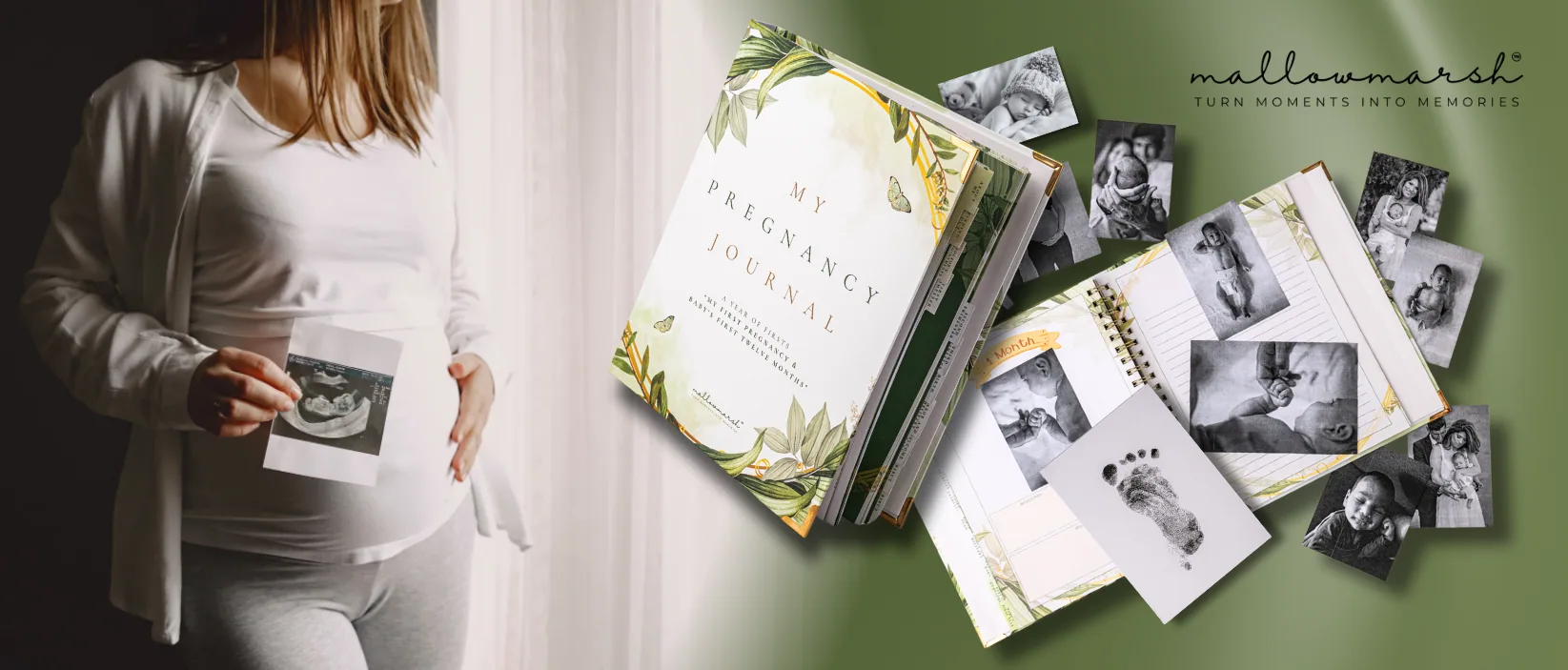 MallowMarsh™ (Mallow Marsh) pregnancy journal and baby memory book with keepsake photos and footprint