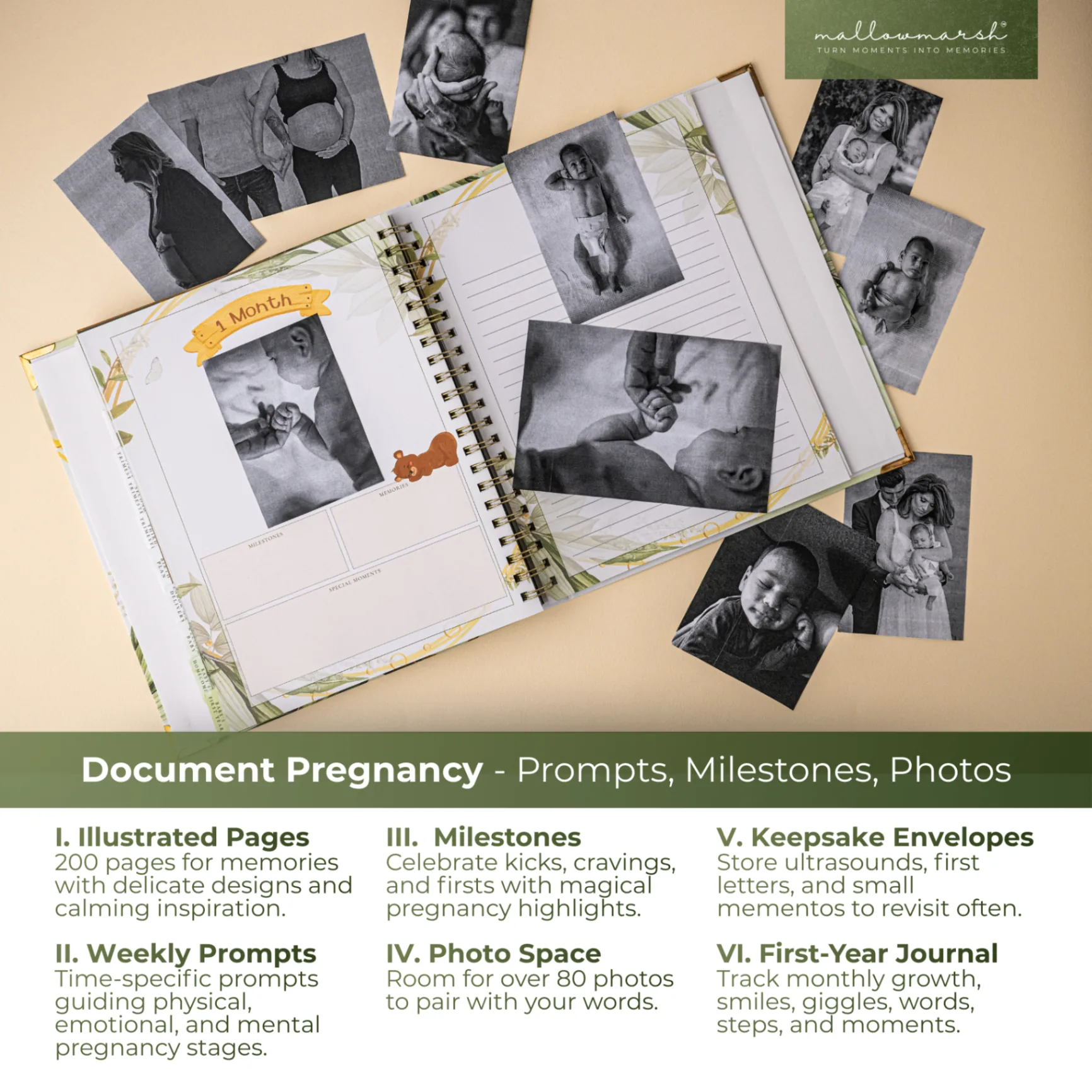 MallowMarsh™ Pregnancy Journal keepsake with baby shoes and newborn photos