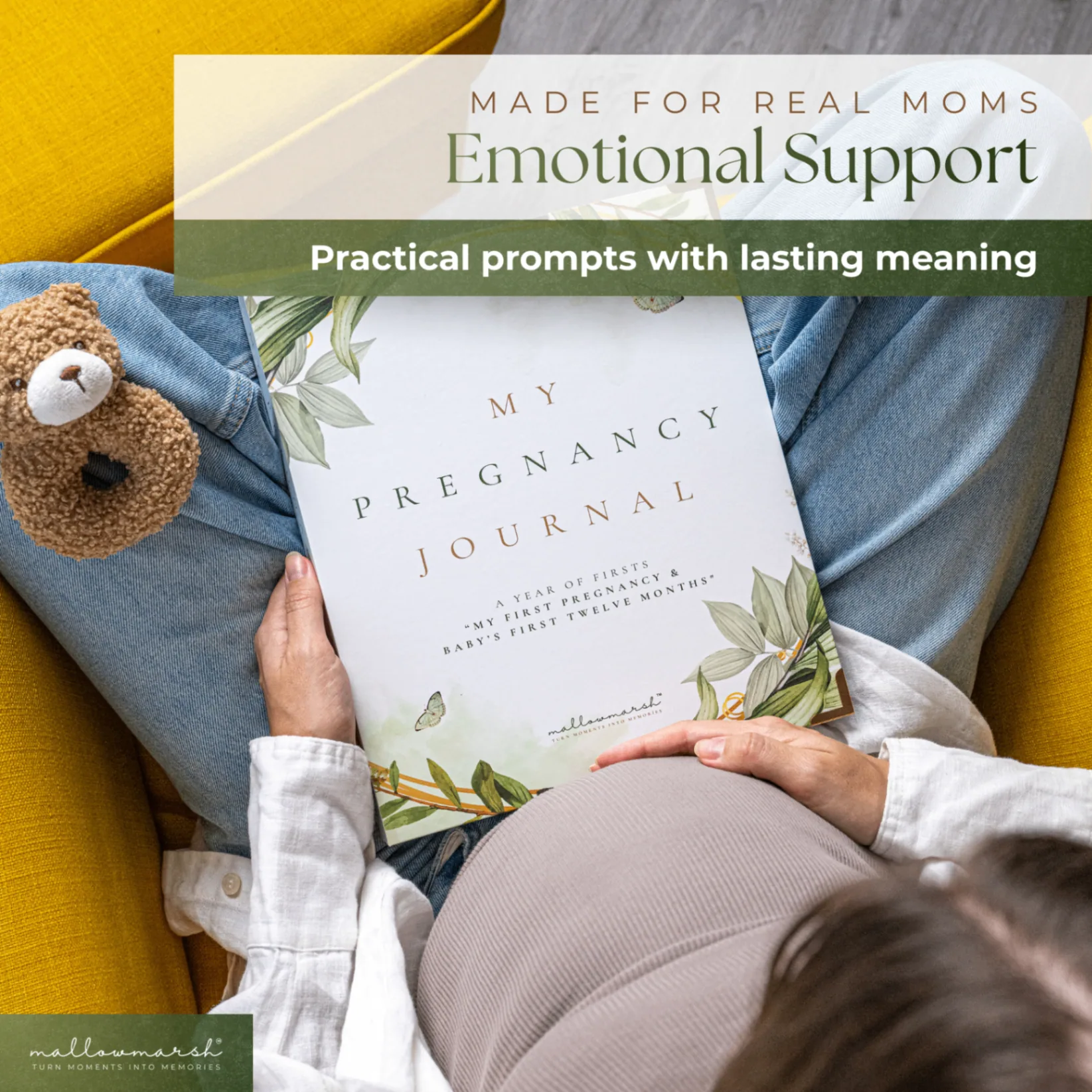 MallowMarsh™ Pregnancy Journal keepsake with baby shoes and newborn photos
