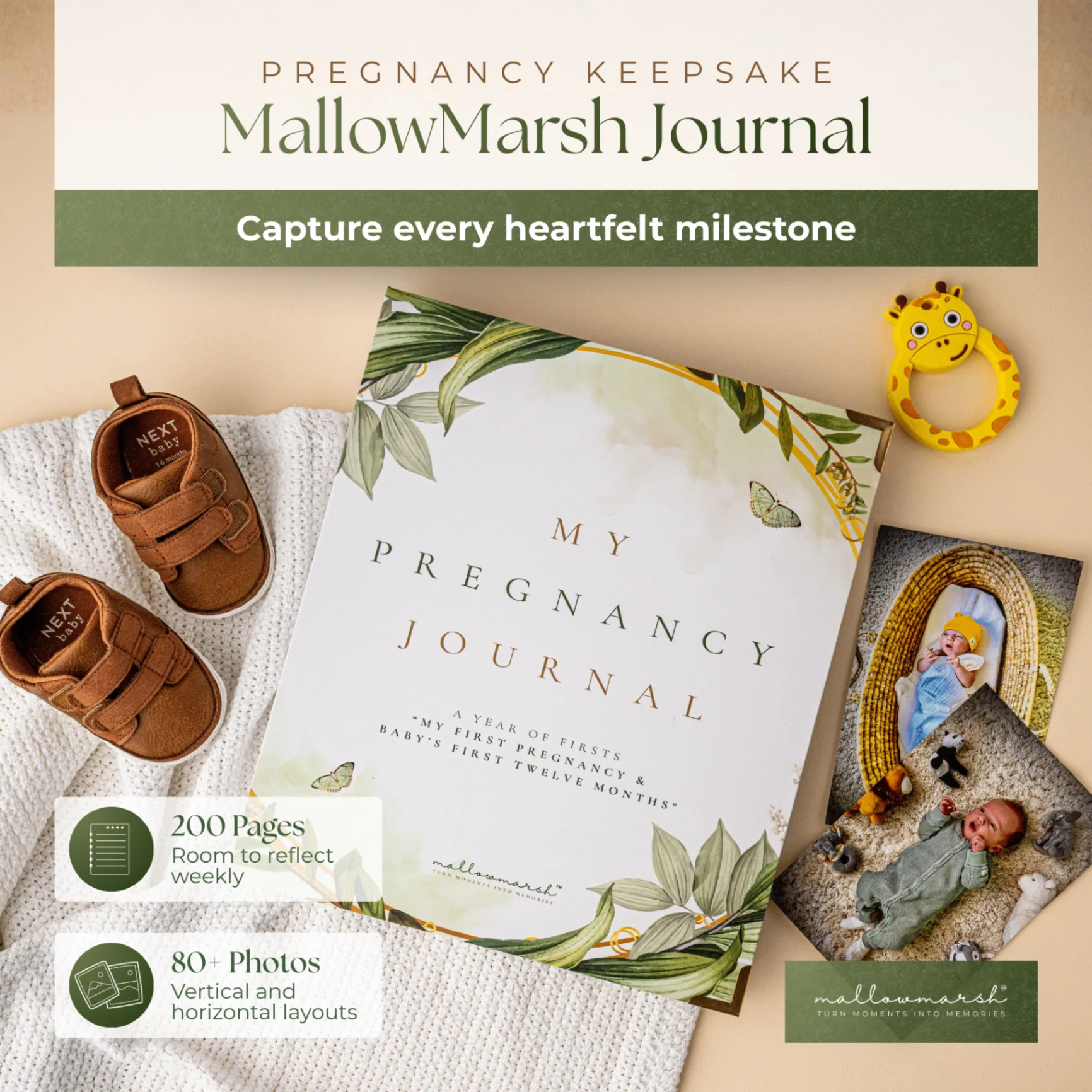 MallowMarsh™ Pregnancy Journal keepsake with baby shoes and newborn photos